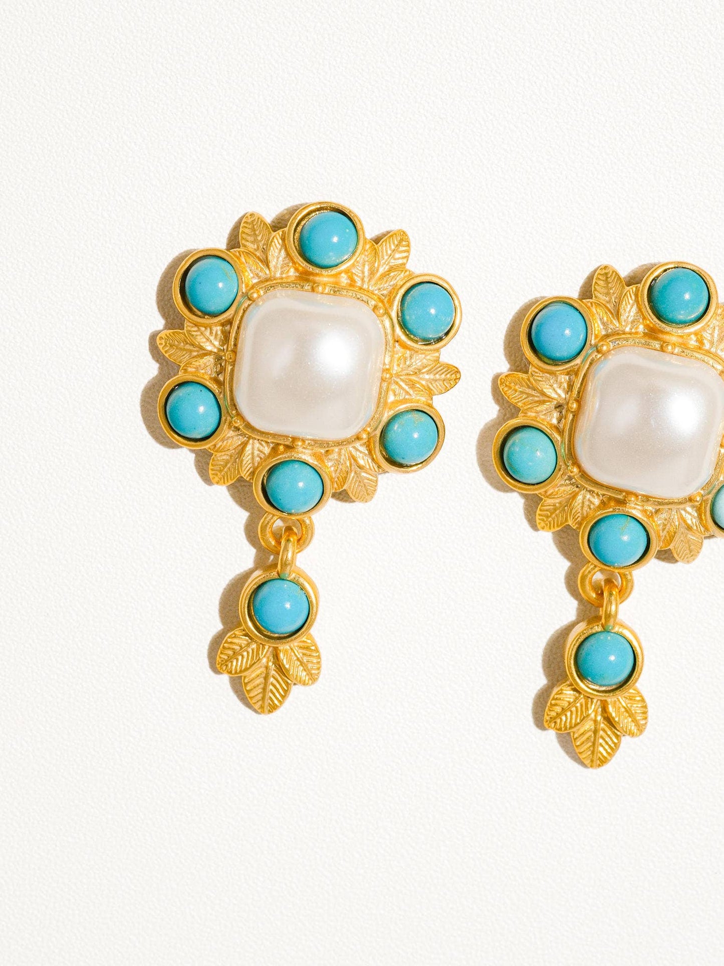 Cameron - 18K Gold Plated Baroque Earrings with Turquoise Details and Imitation Pearl