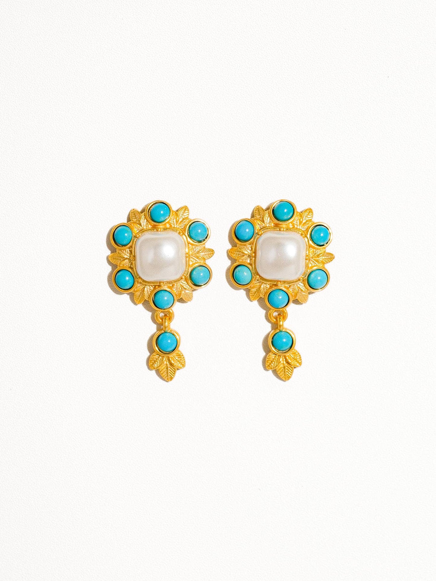 Cameron - 18K Gold Plated Baroque Earrings with Turquoise Details and Imitation Pearl