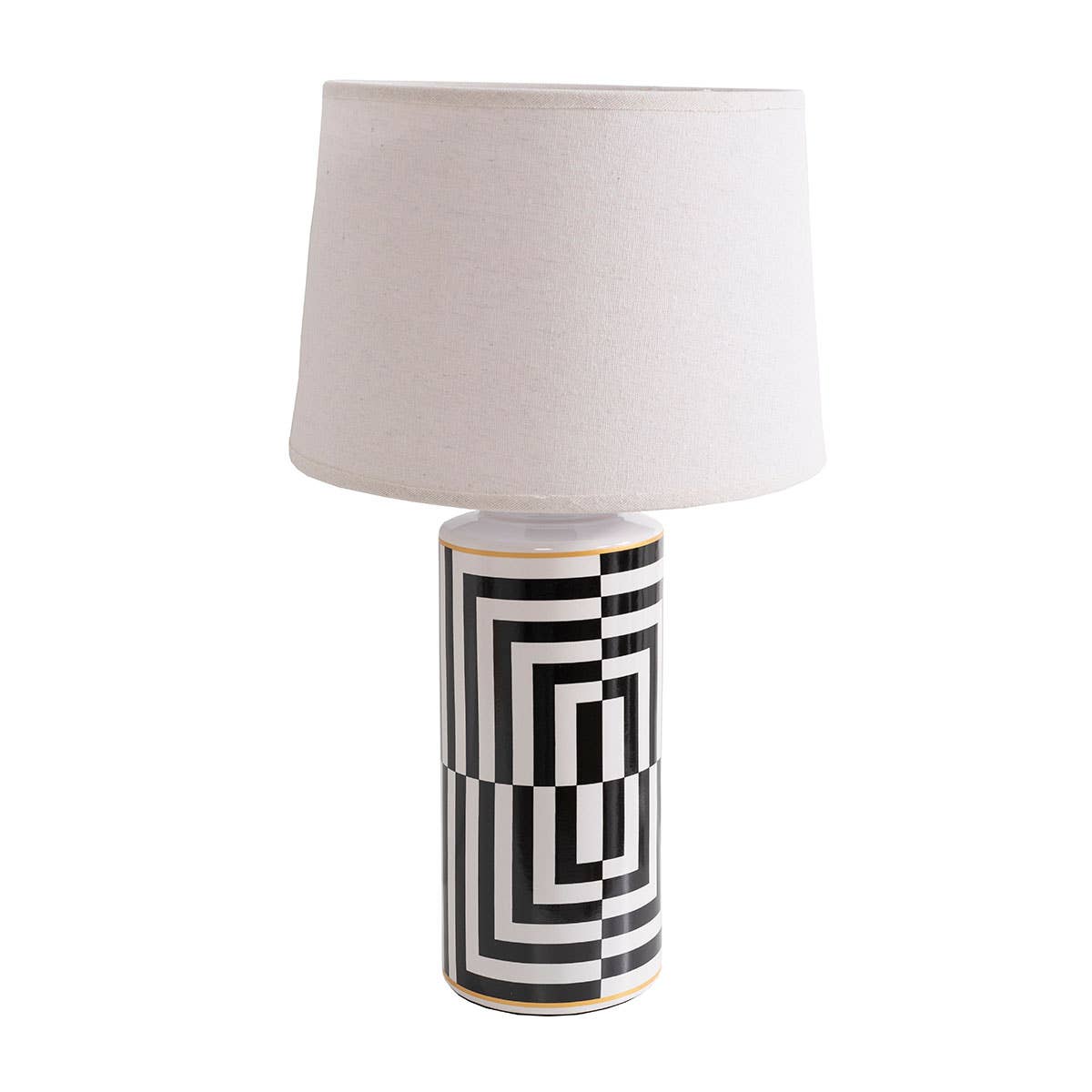 Ceramic Table Lamp with Black and White Lines - Light Beige Linen Shade