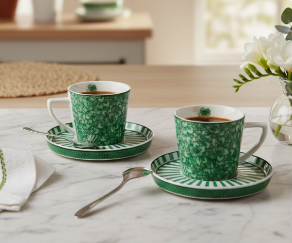 Espressokoppar Med Fat I Grönt Och Vitt – Set Om 2