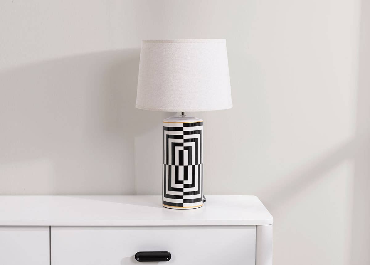 Ceramic Table Lamp with Black and White Lines - Light Beige Linen Shade