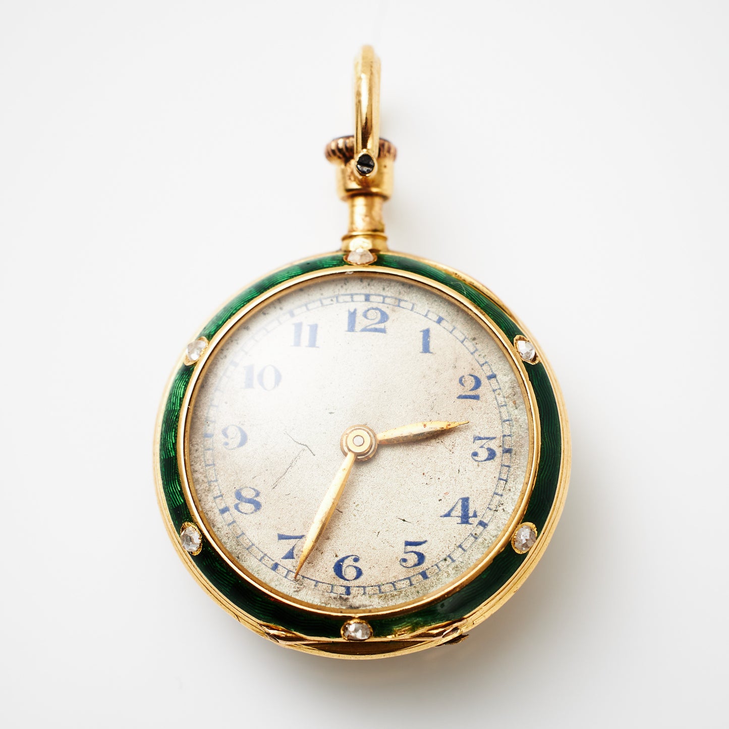 Vintage / London / DAMHÄNGUR / Fickur med Grön Guilloche-emalj och Diamanter