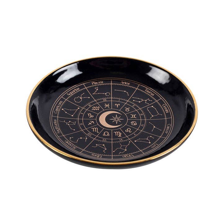 Svart Smyckesfat Med Guldfärgat Astrologihjul och Stjärntecken