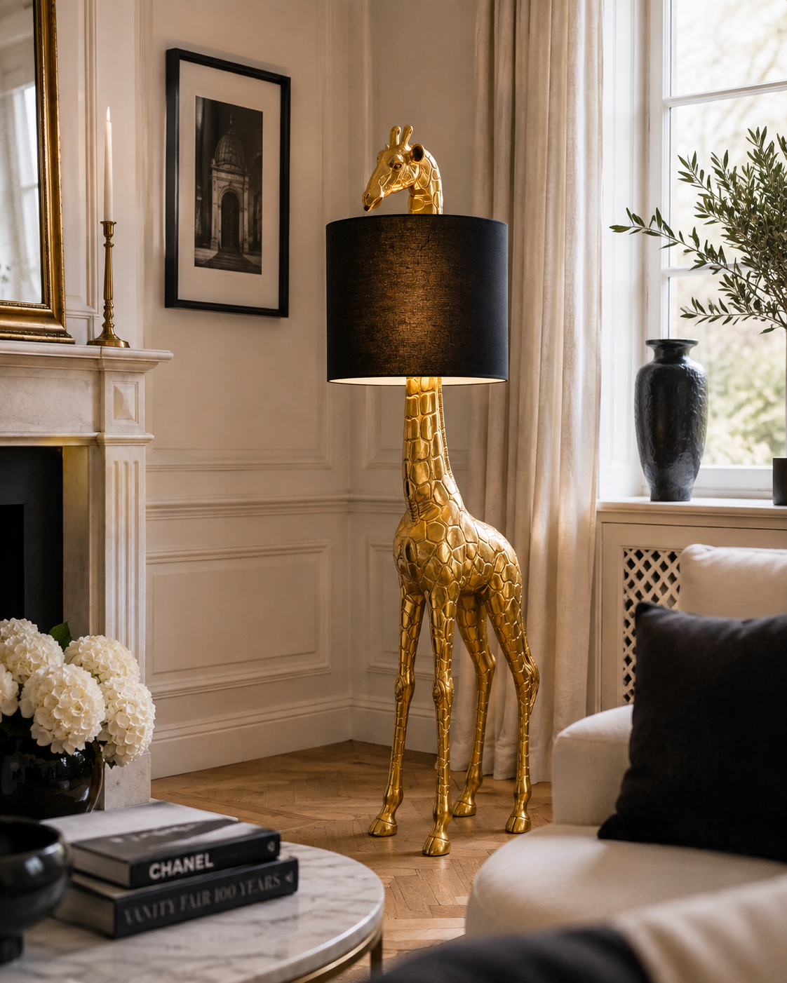Giraff Golvlampa i Antikguld med Svart Lampskärm