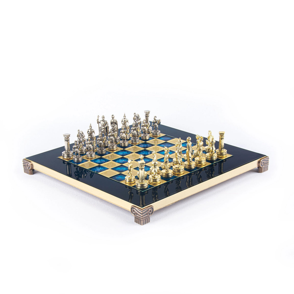 Exklusivt Schackset I Grekisk-Romersk Stil Med Blått Och Guldfärgat Bräde 28 × 28 Cm