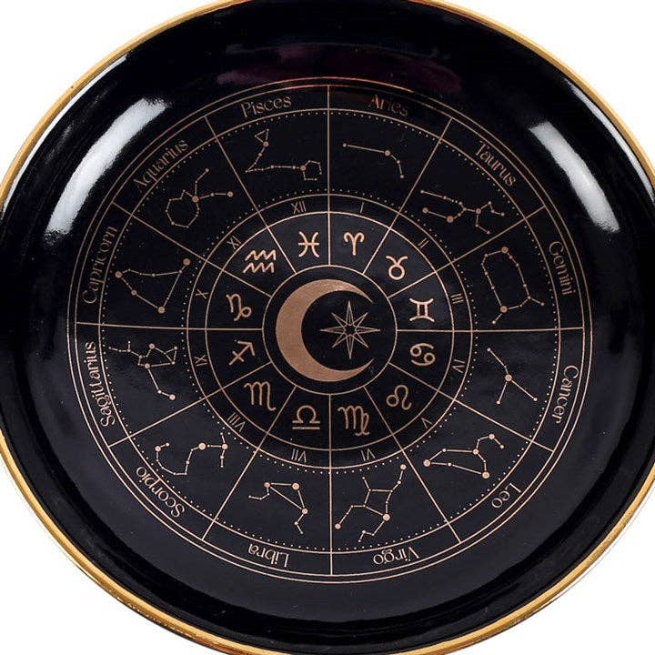 Svart Smyckesfat Med Guldfärgat Astrologihjul och Stjärntecken