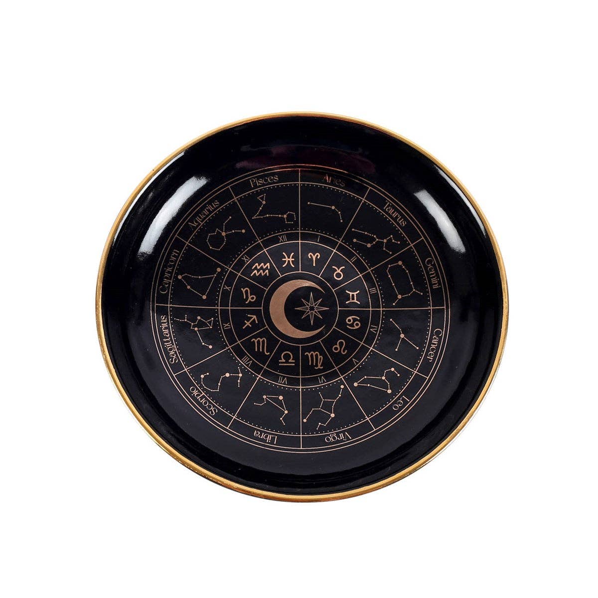 Svart Smyckesfat Med Guldfärgat Astrologihjul och Stjärntecken