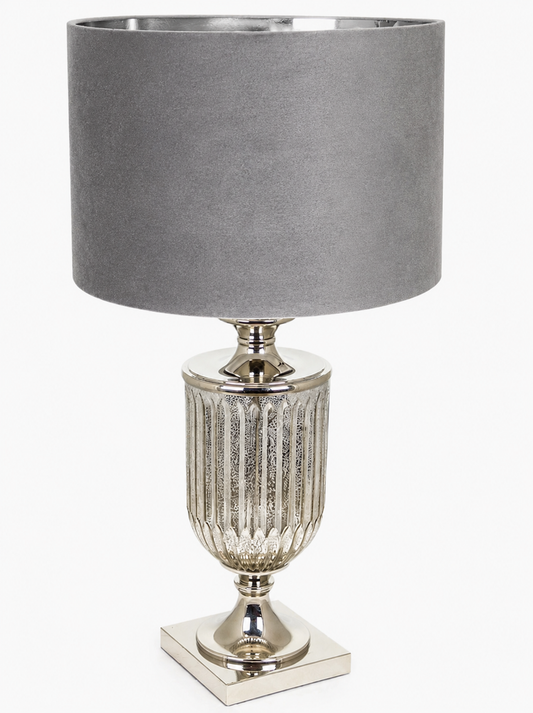 Antikglasurna Bordslampa med Silvergrå Skärm – Elegant Bordslampa i Vintage Stil