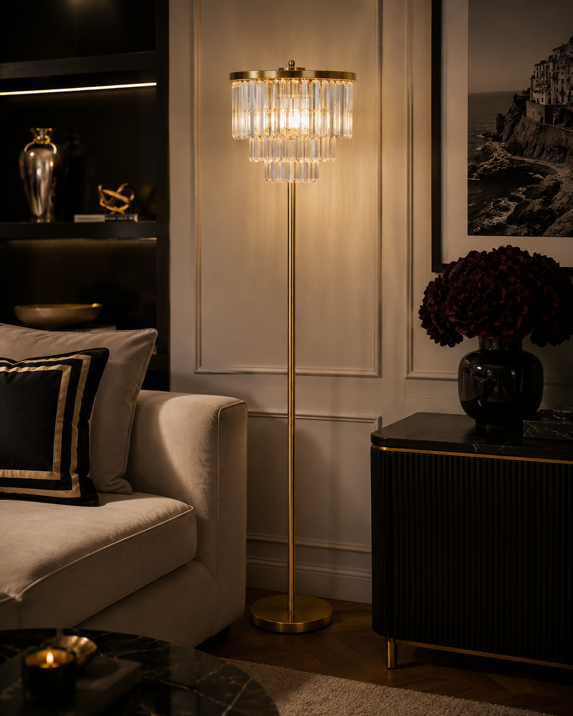 Golvlampa i Guld och Glas