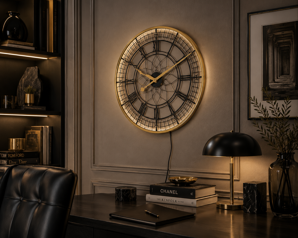 Stor Bakgrundsbelyst Väggklocka i Guld & Svart – 60 cm Elegant Design med Romerska Siffror