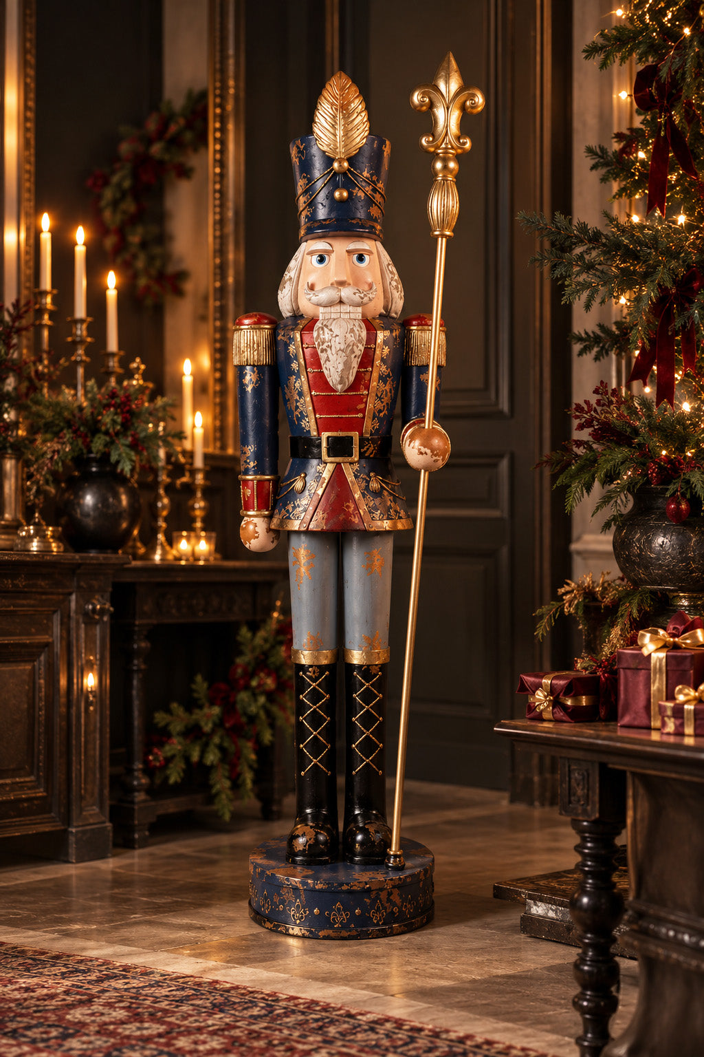 Stor Nötknäppare i Antikblått och Guld – 136 cm