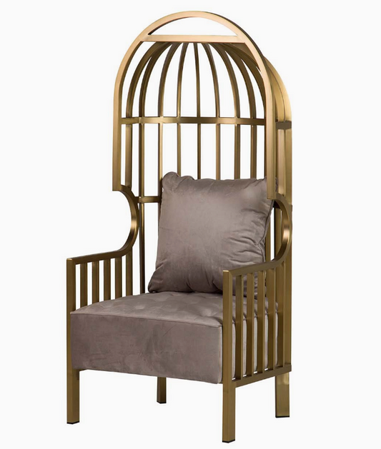 Statementfåtölj I Beige Sammet Med Guldfärgad Stålram