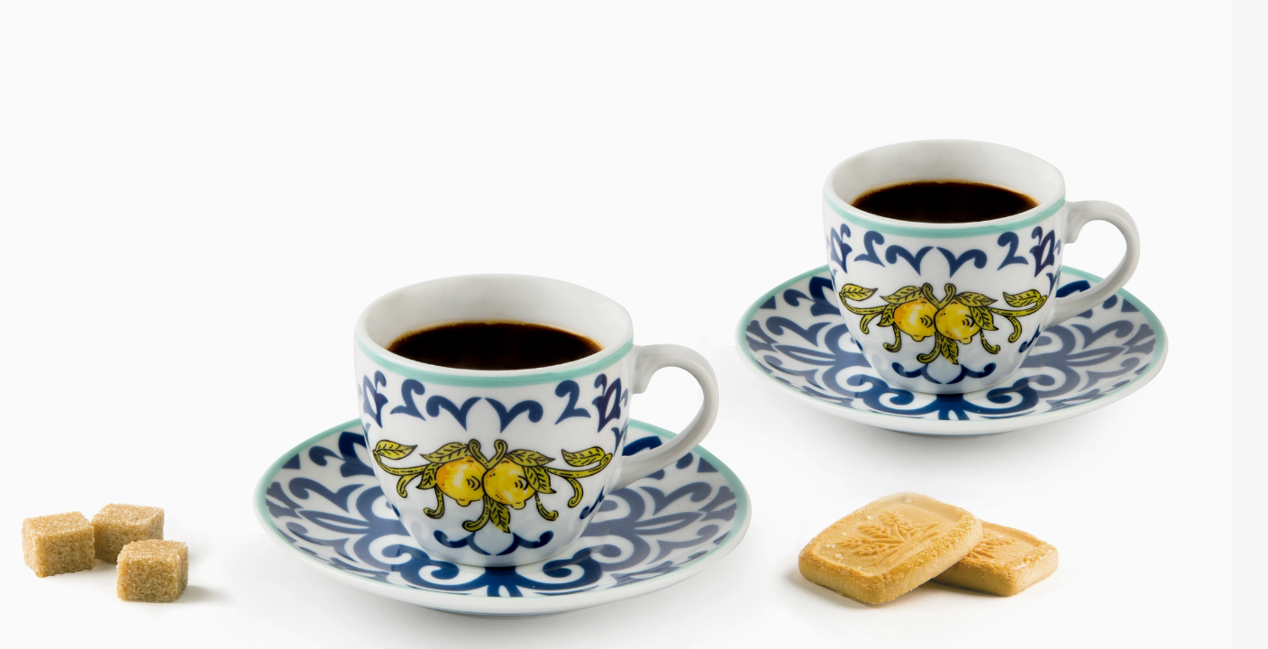 Italienska Espressokoppar Med Fat I Blått Och Citrongult (6 st)