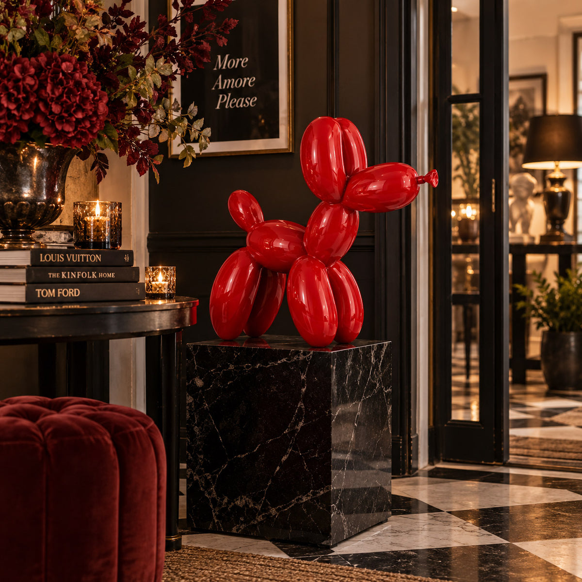 Stor Röd Ballonghund – Handmålad Skulptur 64 cm
